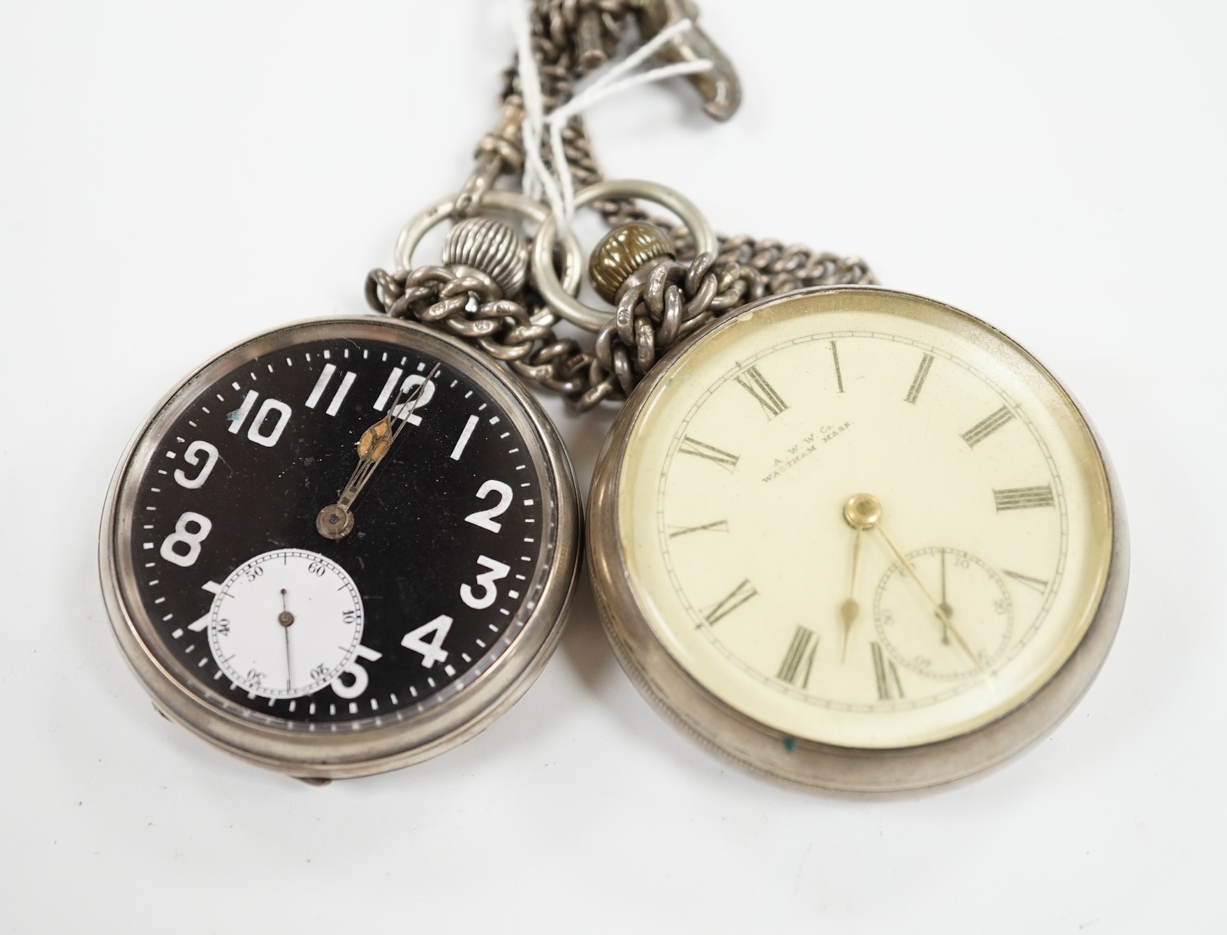 A silver open faced black dial pocket watch with a silver albert, together with a silver Waltham open face pocket watch, with Roman dial. Condition - poor to fair